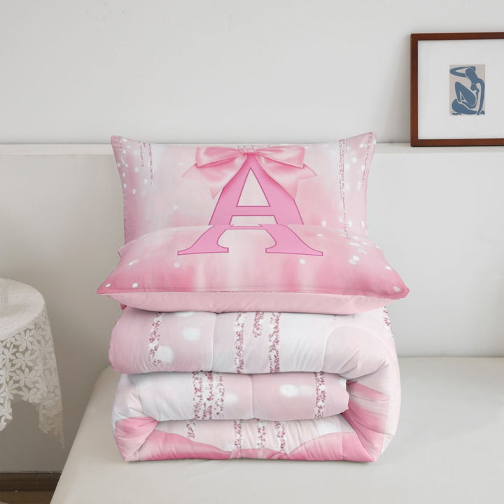 meiyoeat Pink Cute Bowknot Full Size Comforter Sets For Girls,Chic Sparkling Print Monogrammed A Bedding Comforter Set For Kids,Pink Reversible,3-Piece