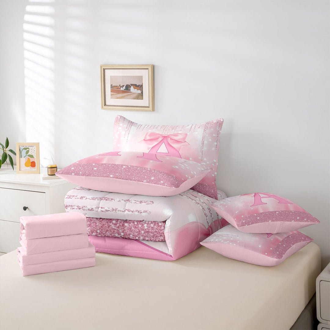 meiyoeat Pink Cute Bowknot 7 Pieces Full Size Bedding Sets For Girls,Chic Sparkling Print Monogrammed A Full Size Bed in a Bag For Kids,Pink Reversible