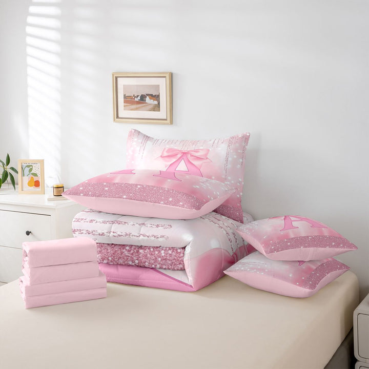 meiyoeat Pink Cute Bowknot 7 Pieces Full Size Bedding Sets For Girls,Chic Sparkling Print Monogrammed A Full Size Bed in a Bag For Kids,Pink Reversible