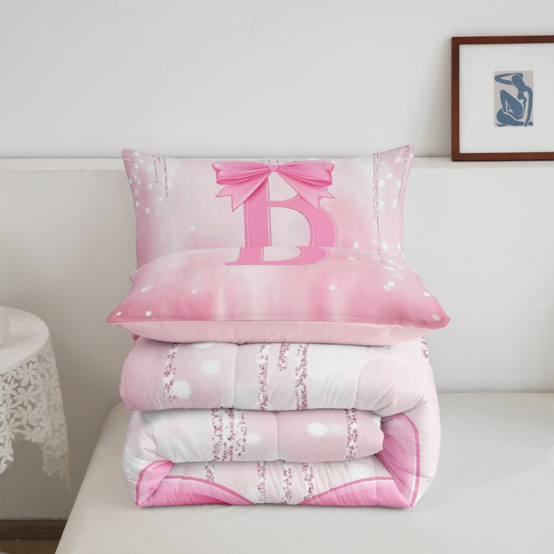 meiyoeat Girly Coquette Bow Full Size Comforter Sets For Kids,Pink Sequin Alphabet Print B Bedding Comforter Set For Bowtie Lovers,Pink Reversible,3 Pieces