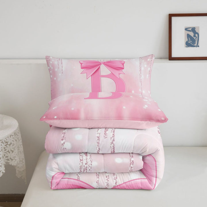 meiyoeat Girly Coquette Bow Full Size Comforter Sets For Kids,Pink Sequin Alphabet Print B Bedding Comforter Set For Bowtie Lovers,Pink Reversible,3 Pieces