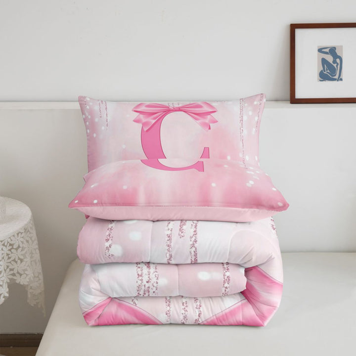 meiyoeat Girls Personalized Bow Gifts Full Size Comforter Sets For Kids,Pink Bowknot Letter Print C Bedding Comforter Set For Bow Lovers,Pink Reversible,3pcs