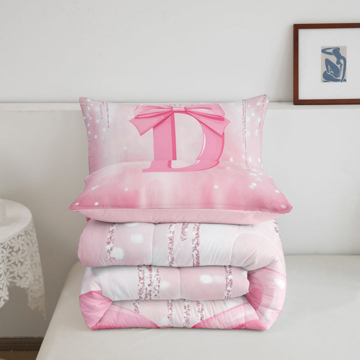 meiyoeat Pink Bow Initial Letter D Full Size Comforter Sets For Girls,Dreamy Princess Style Bedding Comforter Set For Kids,Pink Reversible,3-Piece