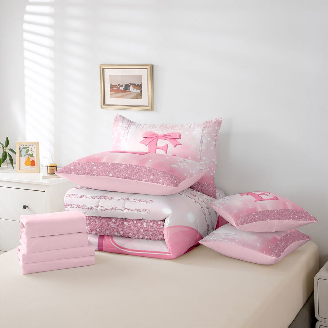 meiyoeat Pink Ribbon Bows 7 Pieces Full Size Bedding Sets For Girls,Fashion Bling Monogram E Print Full Size Bed in a Bag For Kids,Pink Reversible