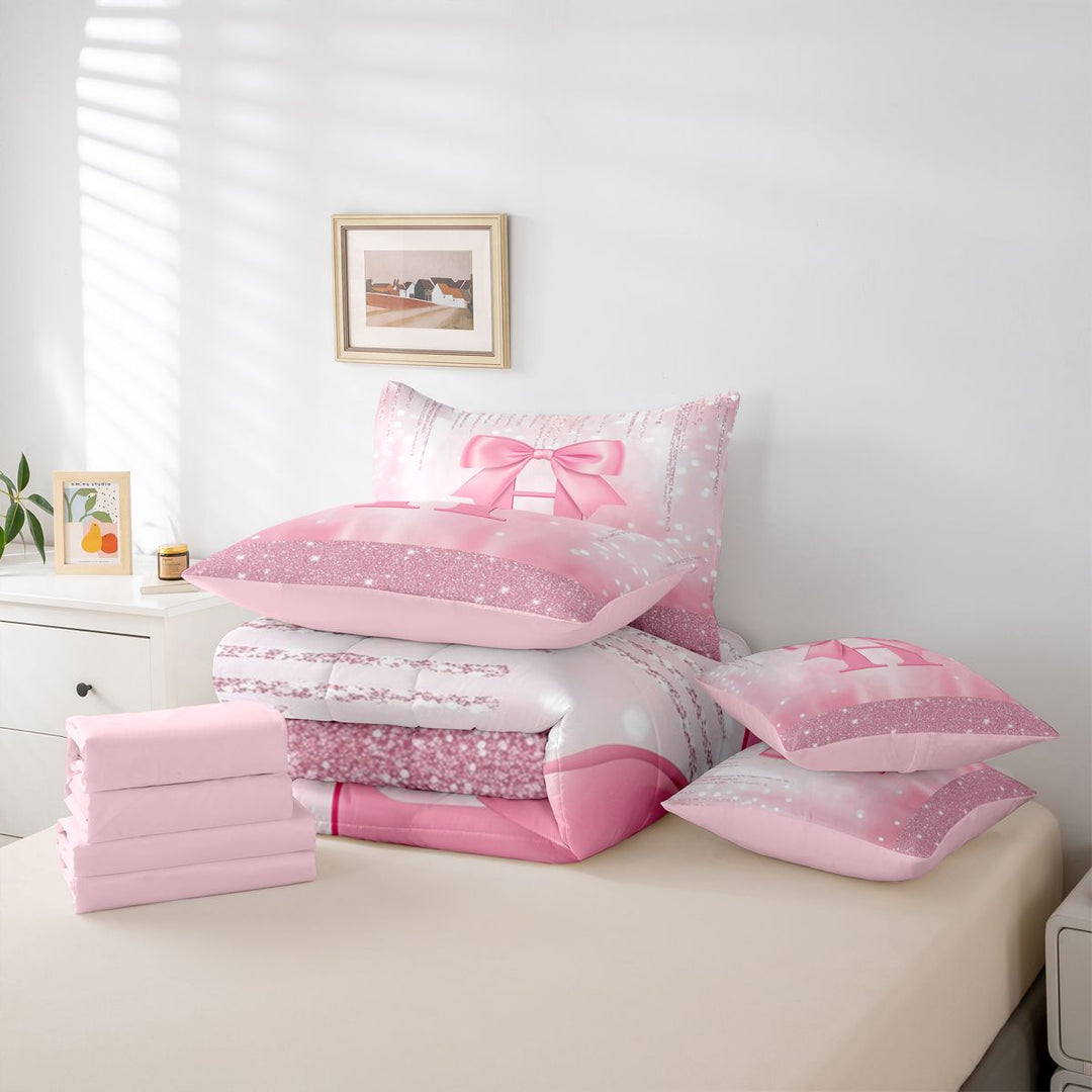 meiyoeat Cute Bowknot Letter Print 7 Pieces Full Size Bedding Sets For Girls,Pink Bowtie Monogrammed H Full Size Bed in a Bag For Kids,Pink Reversible