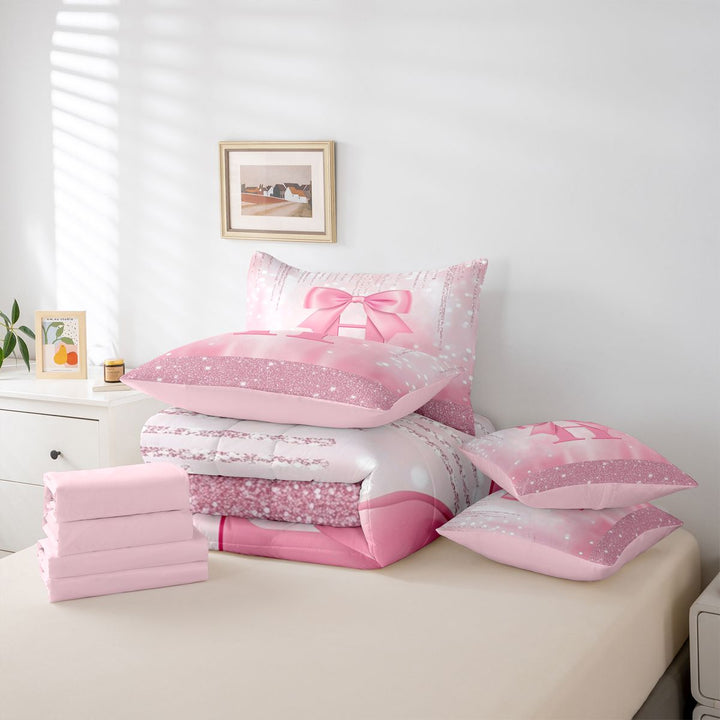 meiyoeat Cute Bowknot Letter Print 7 Pieces Full Size Bedding Sets For Girls,Pink Bowtie Monogrammed H Full Size Bed in a Bag For Kids,Pink Reversible