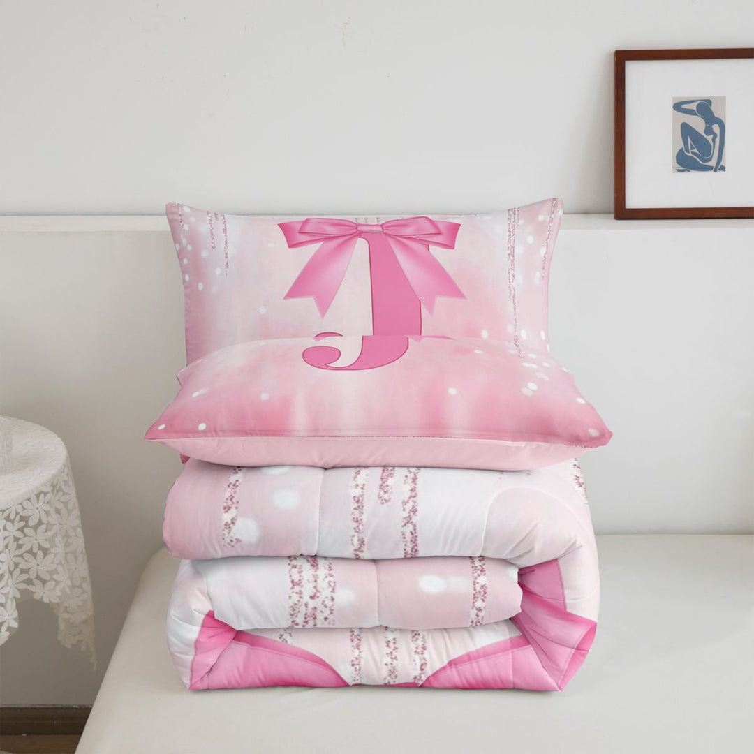 meiyoeat Kawaii Bowtie Alphabet J Full Size Comforter Sets For Kids,3D Pink Initial Letter Print Bedding Comforter Set For Girls,Pink Reversible,3-Piece