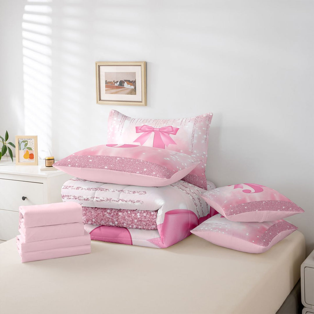 meiyoeat Kawaii Bowtie Alphabet J 7 Pieces Full Size Bedding Sets For Kids,3D Pink Initial Letter Print Full Size Bed in a Bag For Girls,Pink Reversible