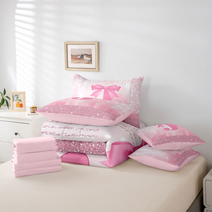 meiyoeat Kawaii Bowtie Alphabet J 7 Pieces Full Size Bedding Sets For Kids,3D Pink Initial Letter Print Full Size Bed in a Bag For Girls,Pink Reversible