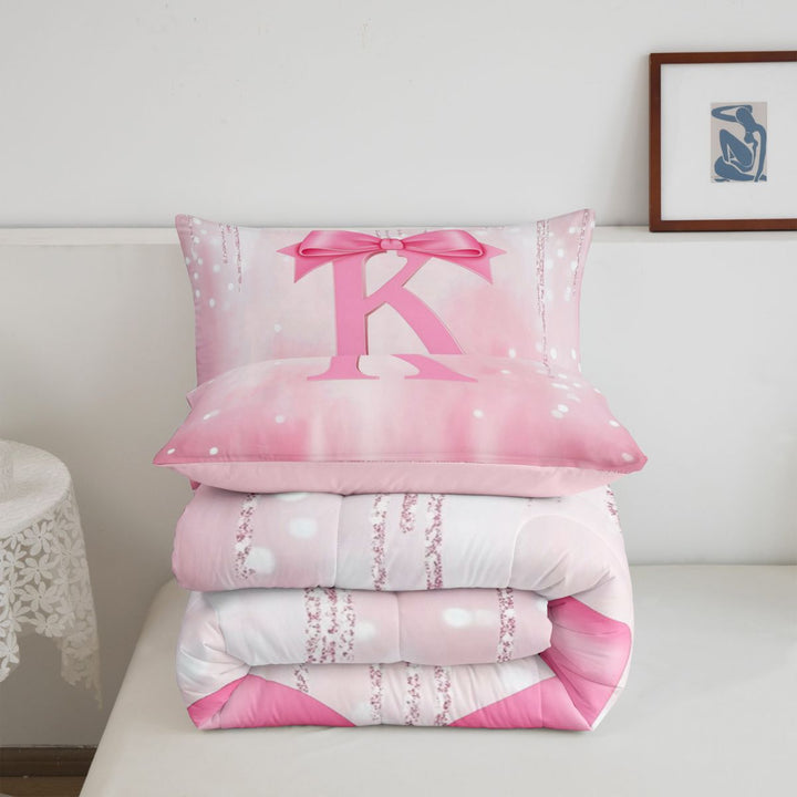 meiyoeat Pink Princess Bows Full Size Comforter Sets For Girls,Lovely Bowtie Monogrammed K Bedding Comforter Set For Kids,Pink Reversible,3 Pieces