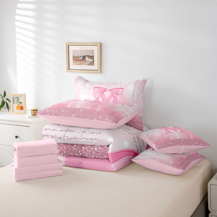 meiyoeat Pink Sequin Print 7 Pieces Full Size Bedding Sets For Girls,Ribbon Bowknot Alphabet Print M Full Size Bed in a Bag For Kids,Pink Reversible