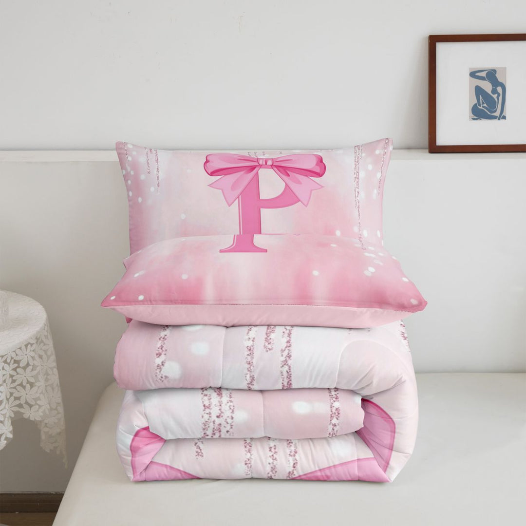 meiyoeat 3D Cartoon Coquette Bows Full Size Comforter Sets For Kids,Girly Personalized Alphabet P Bedding Comforter Set,Pink Reversible,3 Pieces