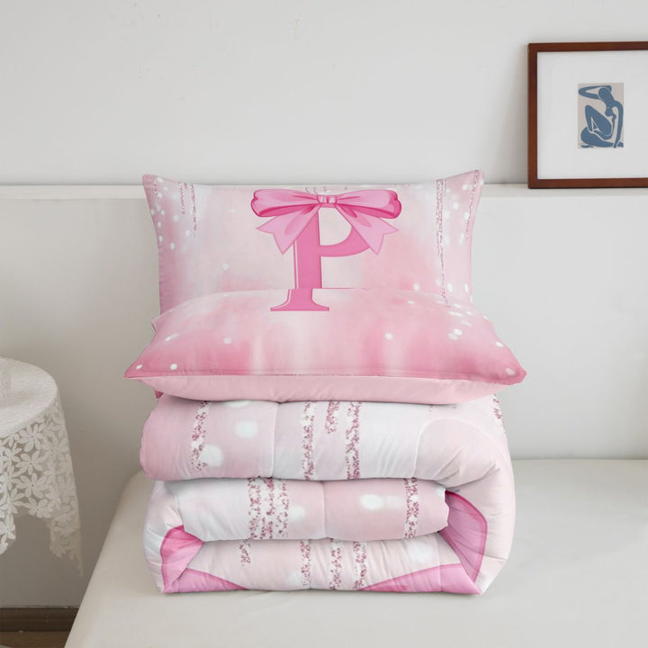 meiyoeat 3D Cartoon Coquette Bows Full Size Comforter Sets For Kids,Girly Personalized Alphabet P Bedding Comforter Set,Pink Reversible,3 Pieces