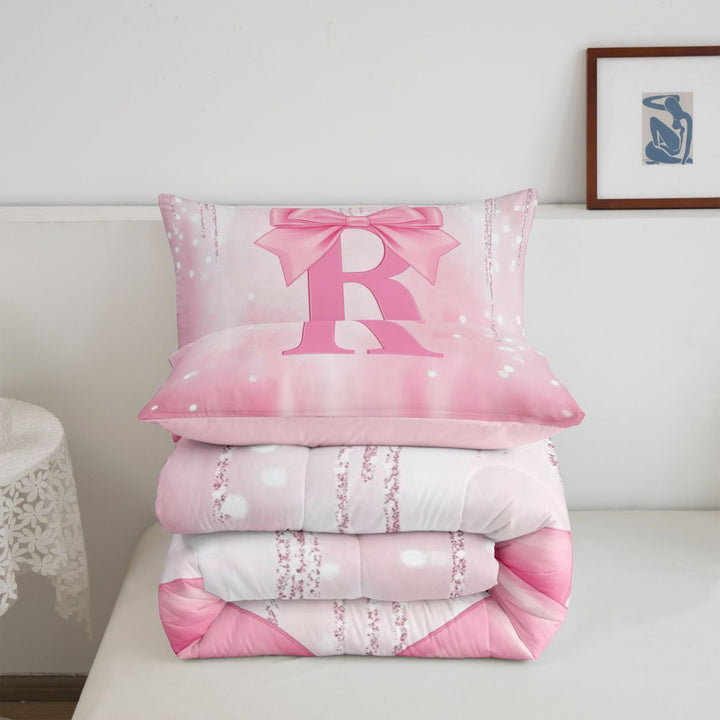 meiyoeat Pink Cute Bowknot Full Size Comforter Sets For Girls,Chic Sparkling Print Monogrammed R Bedding Comforter Set For Kids,Pink Reversible,3pcs