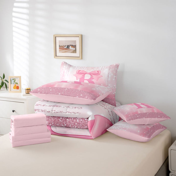 meiyoeat Pink Cute Bowknot 7 Pieces Full Size Bedding Sets For Girls,Chic Sparkling Print Monogrammed R Full Size Bed in a Bag For Kids,Pink Reversible