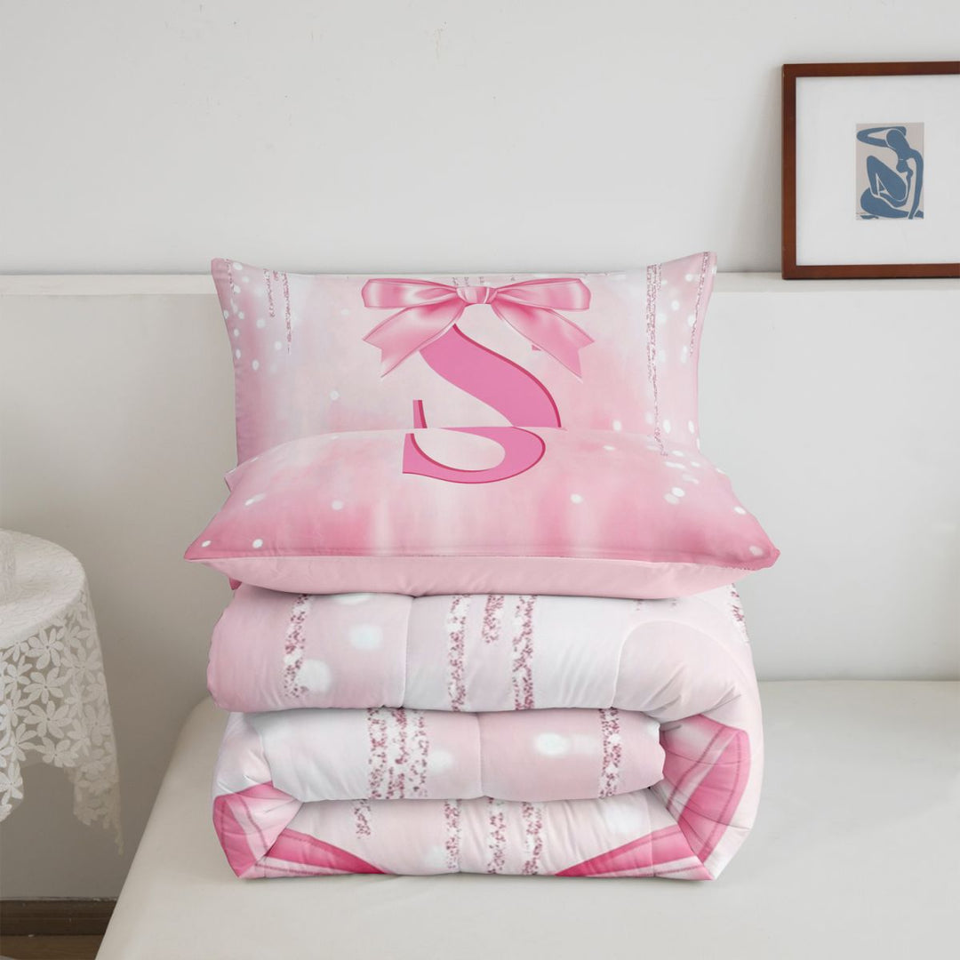 meiyoeat Girly Coquette Bow Full Size Comforter Sets For Kids,Pink Sequin Alphabet Print S Bedding Comforter Set For Bowtie Lovers,Pink Reversible,3-Piece