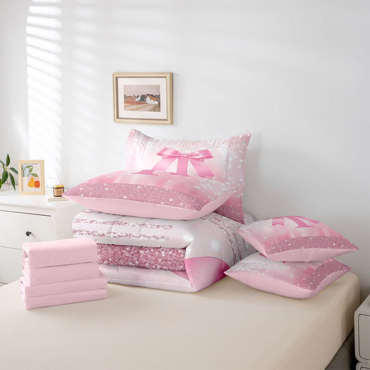 meiyoeat Girls Personalized Bow Gifts 7 Pieces Full Size Bedding Sets For Kids,Pink Bowknot Letter Print T Full Size Bed in a Bag For Bow Lovers,Pink Reversible