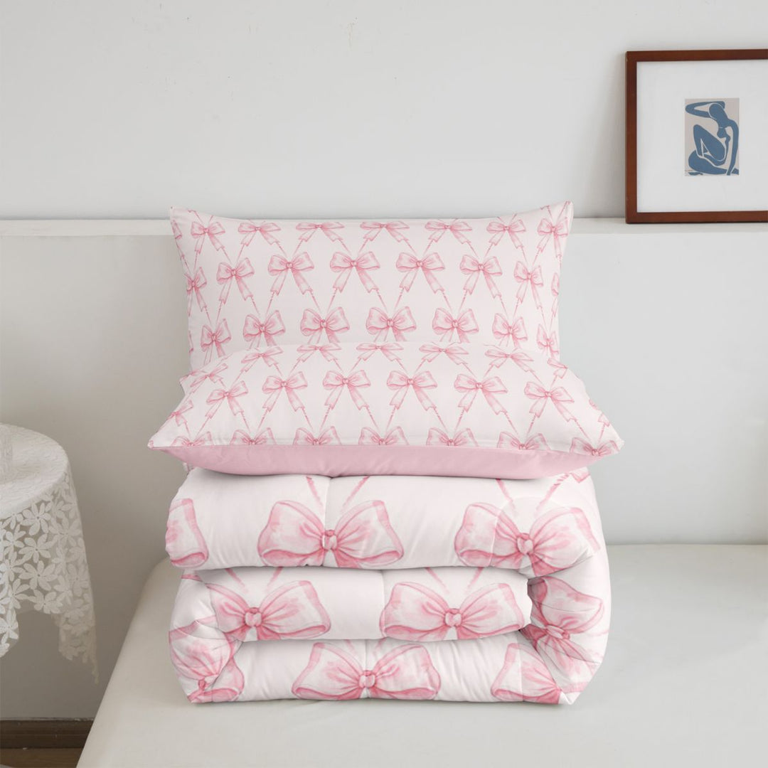 meiyoeat Pink Coquette Bows Full Size Comforter Sets For Girls,Dreamy Princess Bowknot Bedding Comforter Set For Kids,Pink Reversible,3-Piece