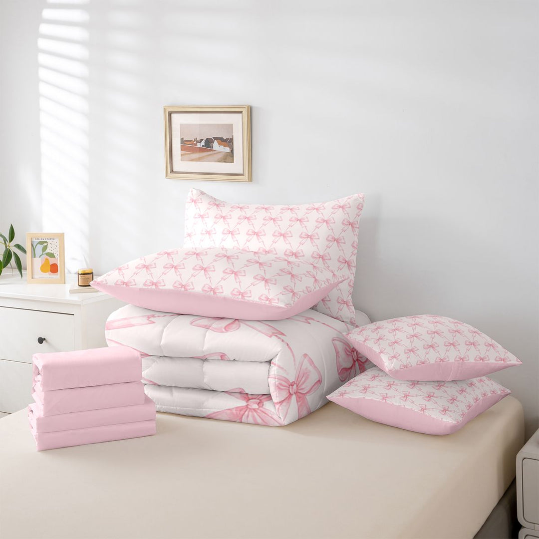 meiyoeat Pink Coquette Bows 7 Pieces Full Size Bedding Sets For Girls,Dreamy Princess Bowknot Full Size Bed in a Bag For Kids,Pink Reversible