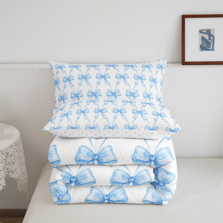 meiyoeat Blue Bowknot Full Size Comforter Sets For Kids Girls,Cute Ribbon Bows Bedding Comforter Set For Bowtie Lovers,Reversible,3 Pieces