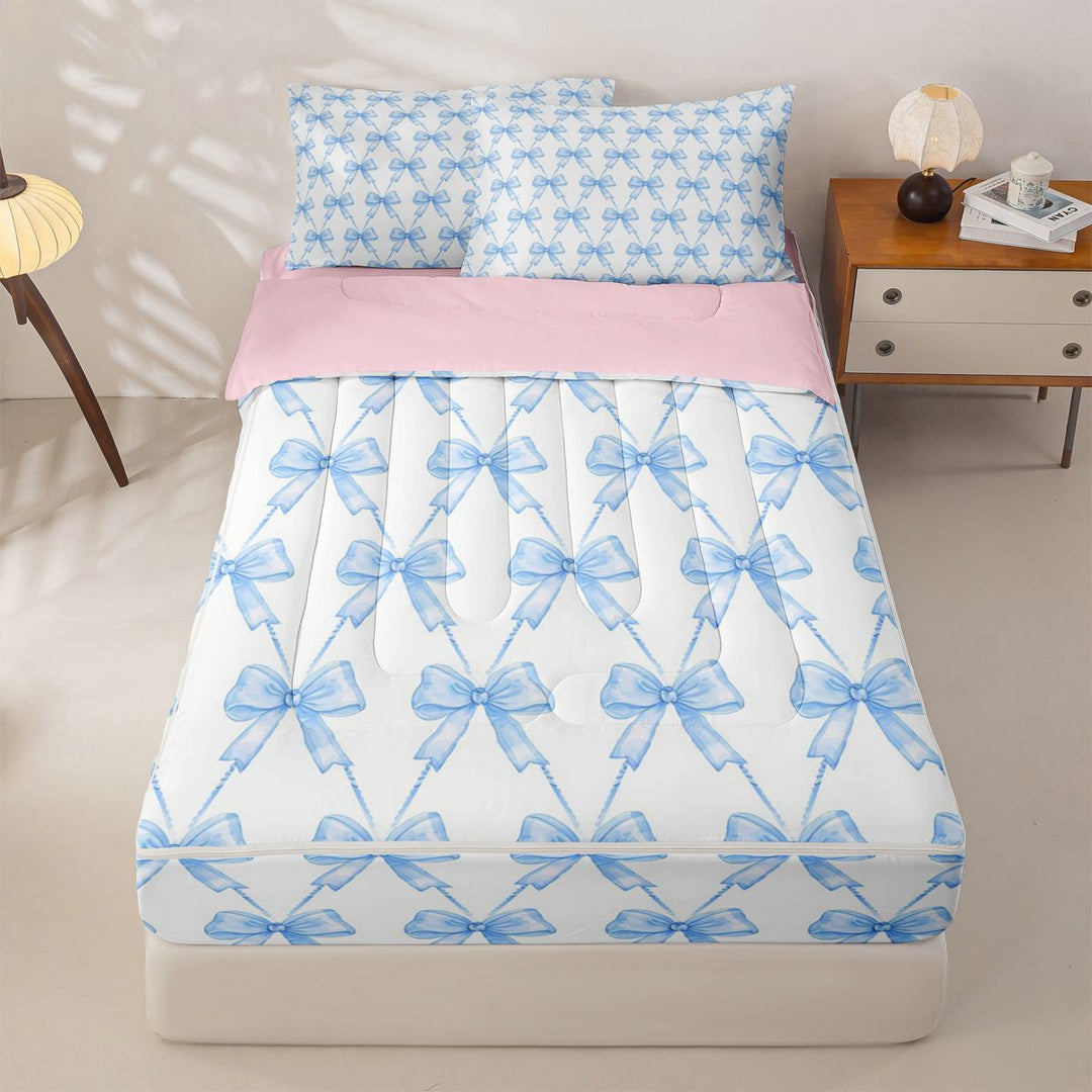meiyoeat Blue Bowknot Zipper Full Size Comforter Sets with Fitted Sheet and 2 Pillowcases For Kids Girls,Cute Ribbon Bows Zipper Bedding Set For Bowtie Lovers,Reversible,4-Piece