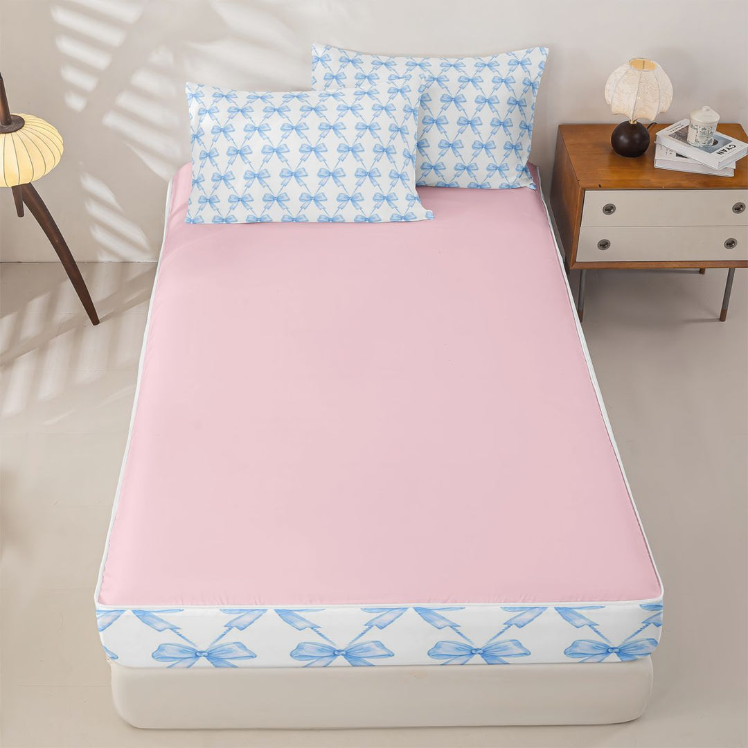 meiyoeat Blue Bowknot Zipper Full Size Comforter Sets with Fitted Sheet and 2 Pillowcases For Kids Girls,Cute Ribbon Bows Zipper Bedding Set For Bowtie Lovers,Reversible,4-Piece