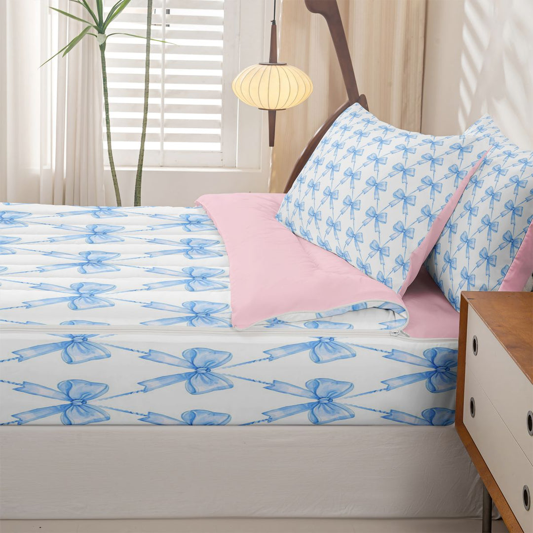 meiyoeat Blue Bowknot Zipper Full Size Comforter Sets with Fitted Sheet and 2 Pillowcases For Kids Girls,Cute Ribbon Bows Zipper Bedding Set For Bowtie Lovers,Reversible,4-Piece
