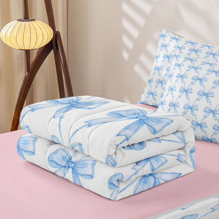 meiyoeat Blue Bowknot Zipper Full Size Comforter Sets with Fitted Sheet and 2 Pillowcases For Kids Girls,Cute Ribbon Bows Zipper Bedding Set For Bowtie Lovers,Reversible,4-Piece