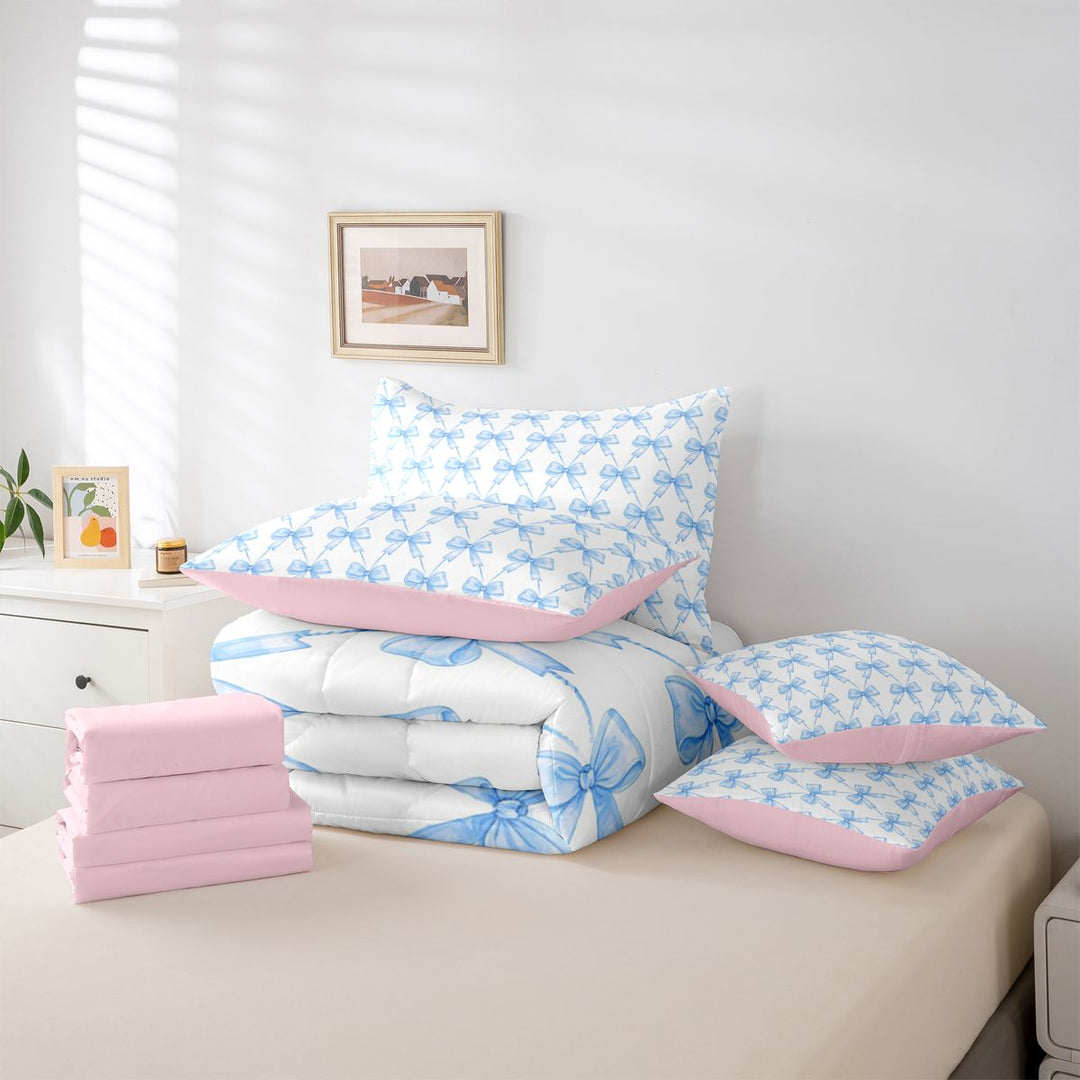 meiyoeat Blue Bowknot 7 Pieces Full Size Bedding Sets For Kids Girls,Cute Ribbon Bows Full Size Bed in a Bag For Bowtie Lovers,Reversible