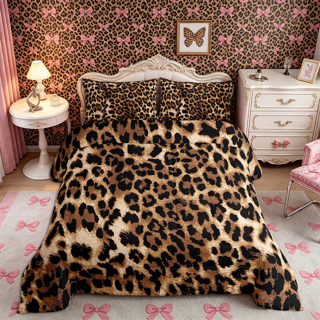 Meiyoeat Classic Cheetah Print King Size Comforter Sets 3pcs, Wildlife Leopard Spot Pattern Comforters King Size, Brown Black,Black Reversible