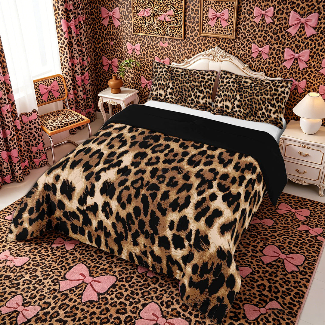 Meiyoeat Classic Cheetah Print King Size Comforter Sets 3pcs, Wildlife Leopard Spot Pattern Comforters King Size, Brown Black,Black Reversible