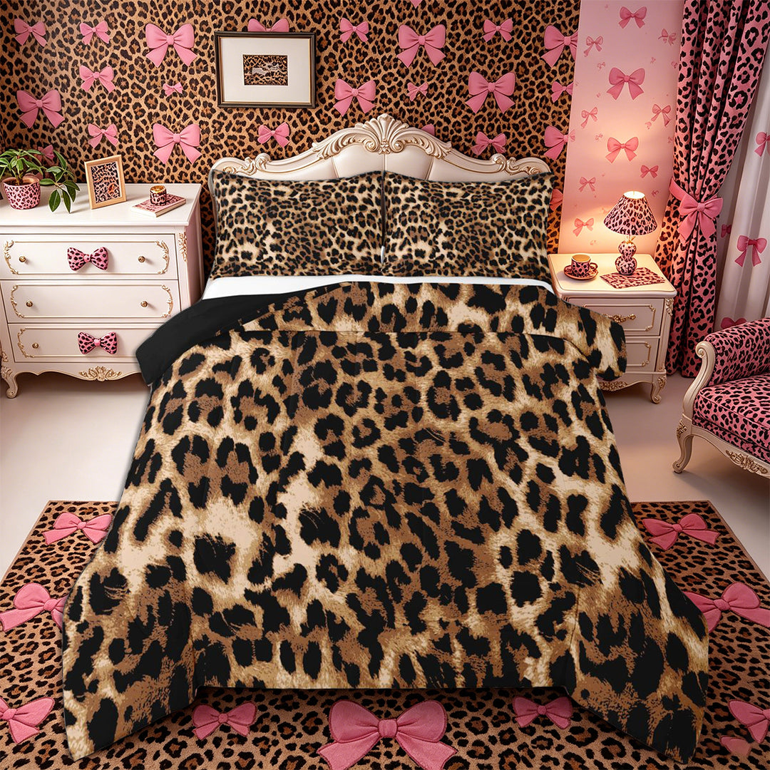 Meiyoeat Classic Cheetah Print King Size Comforter Sets 3pcs, Wildlife Leopard Spot Pattern Comforters King Size, Brown Black,Black Reversible