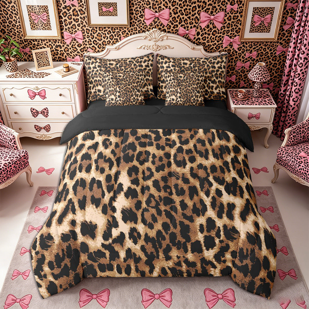Meiyoeat Classic Cheetah Print King Bedding 7pcs, Wildlife Leopard Spot Pattern King Bed in a Bag, Brown Black,Black Reversible