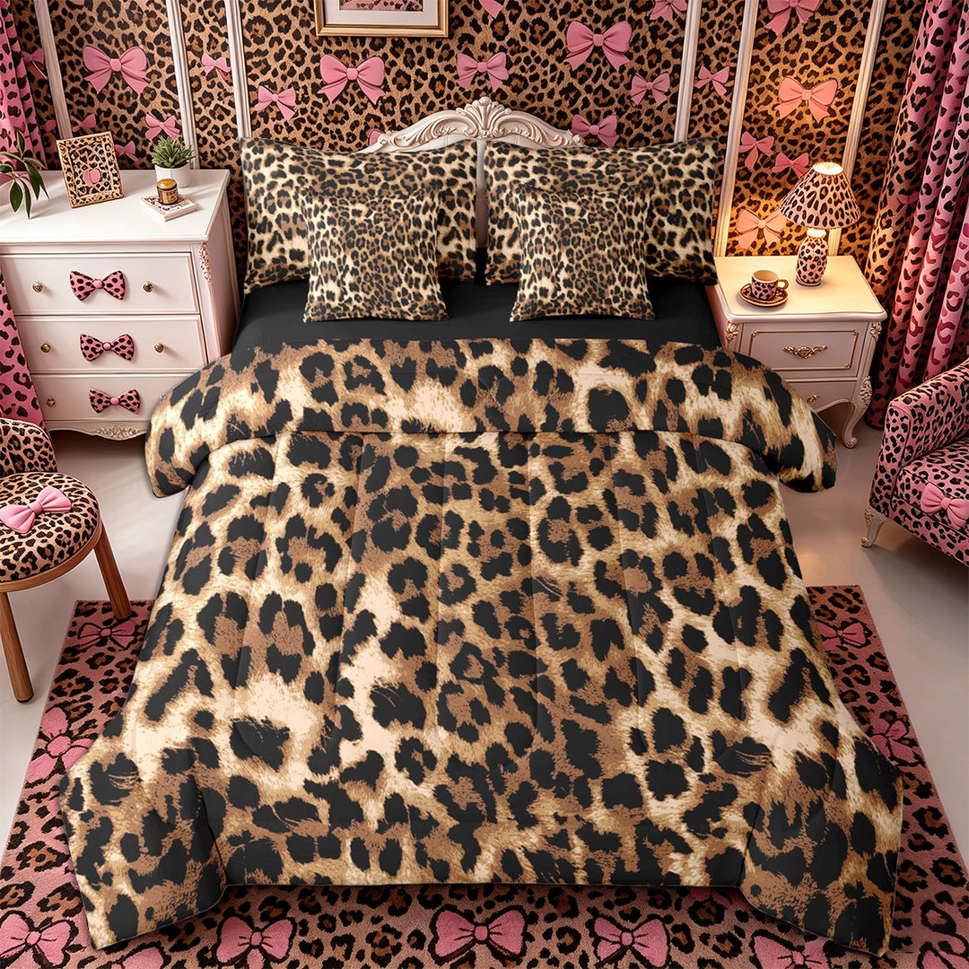 Meiyoeat Classic Cheetah Print King Bedding 7pcs, Wildlife Leopard Spot Pattern King Bed in a Bag, Brown Black,Black Reversible
