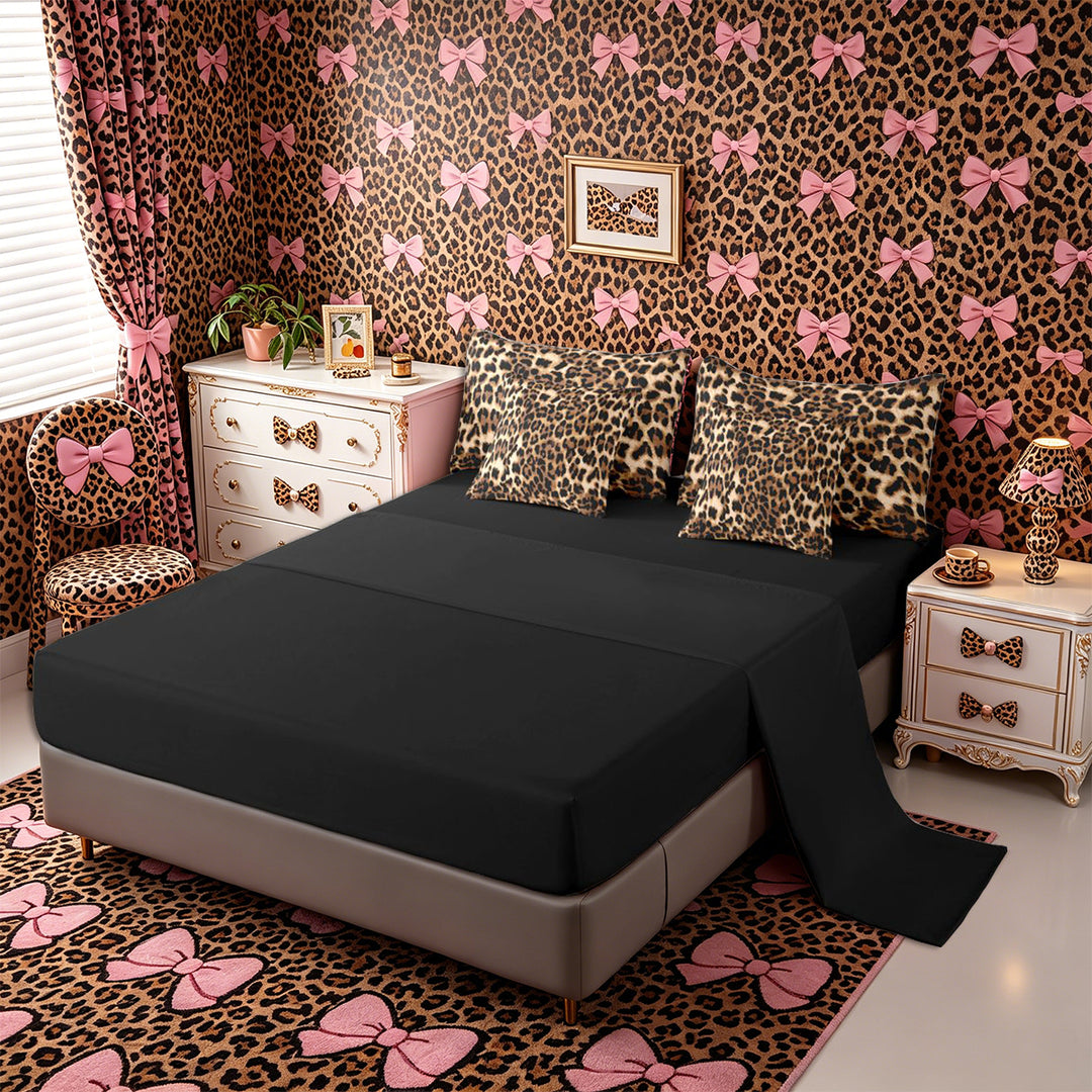 Meiyoeat Classic Cheetah Print King Bedding 7pcs, Wildlife Leopard Spot Pattern King Bed in a Bag, Brown Black,Black Reversible