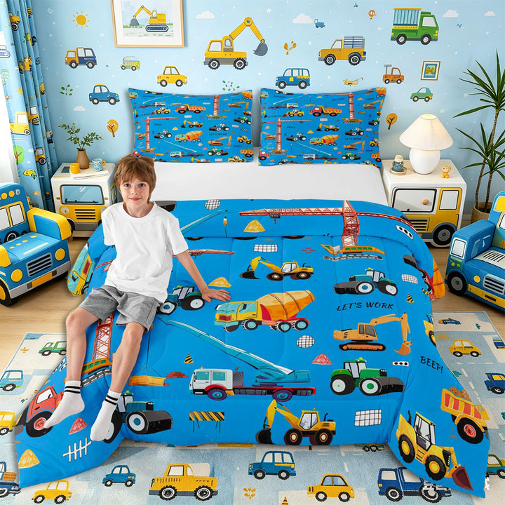 Meiyoeat Cute Car Full Size Comforter Sets 3-Piece, Construction Vehicles Bedding Comforter Set, Blue Multi