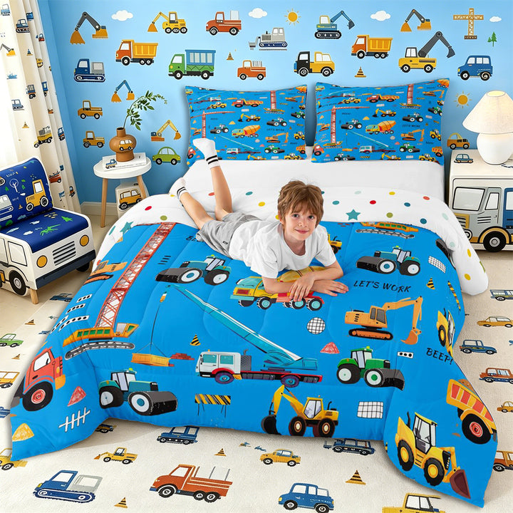 Meiyoeat Cute Car Full Size Comforter Sets 3-Piece, Construction Vehicles Bedding Comforter Set, Blue Multi