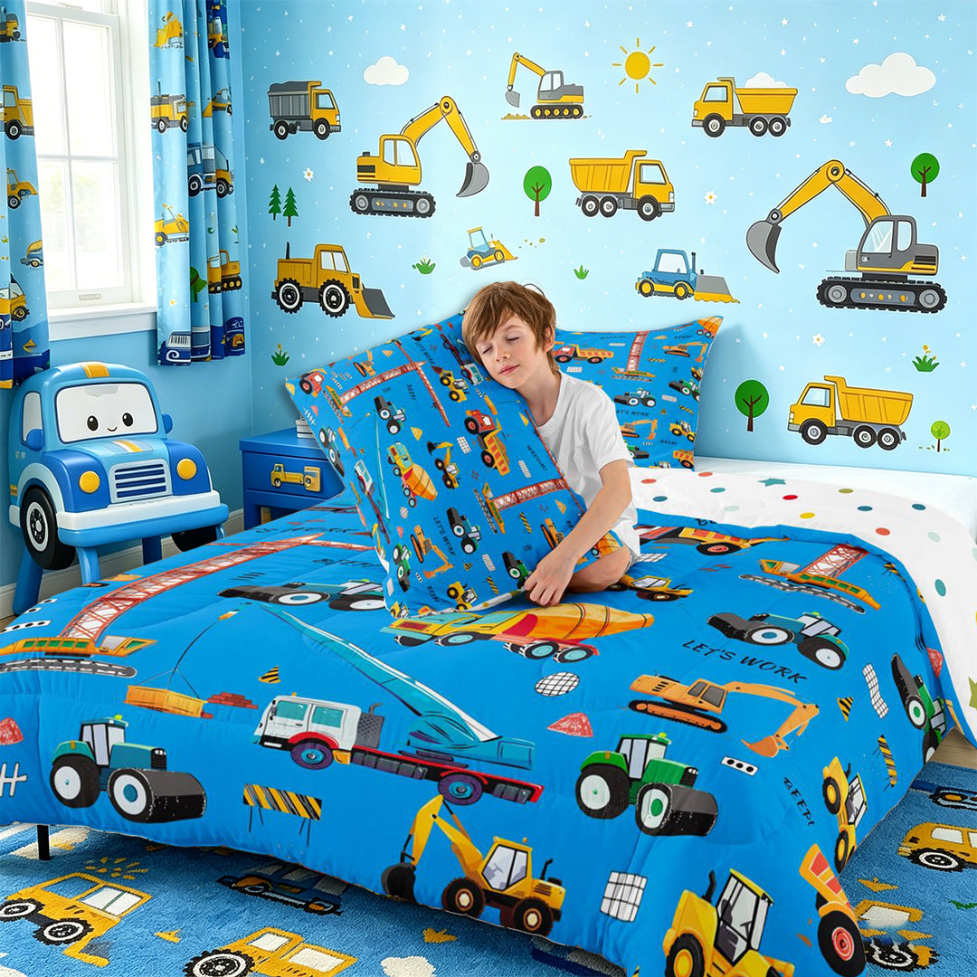 Meiyoeat Cute Car Full Size Comforter Sets 3-Piece, Construction Vehicles Bedding Comforter Set, Blue Multi