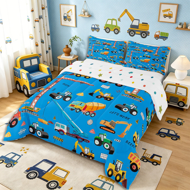 Meiyoeat Cute Car Full Size Comforter Sets 3-Piece, Construction Vehicles Bedding Comforter Set, Blue Multi
