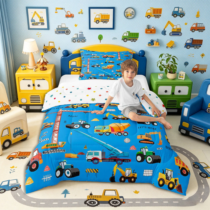 Meiyoeat Cute Car Full Size Comforter Sets 3-Piece, Construction Vehicles Bedding Comforter Set, Blue Multi