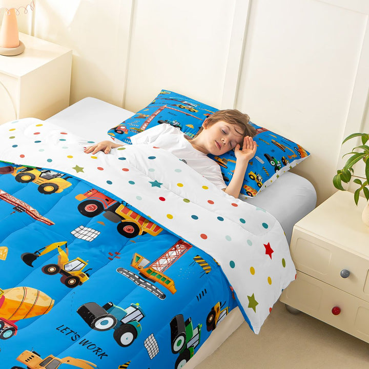 Meiyoeat Cute Car Full Size Comforter Sets 3-Piece, Construction Vehicles Bedding Comforter Set, Blue Multi