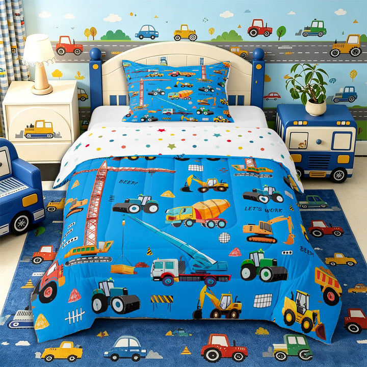Meiyoeat Cute Car Full Size Comforter Sets 3-Piece, Construction Vehicles Bedding Comforter Set, Blue Multi