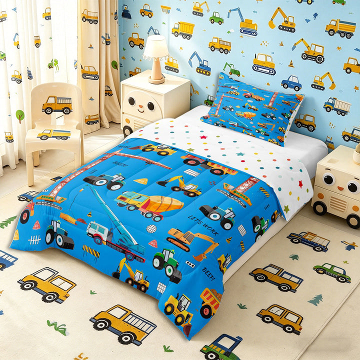 Meiyoeat Cute Car Full Size Comforter Sets 3-Piece, Construction Vehicles Bedding Comforter Set, Blue Multi