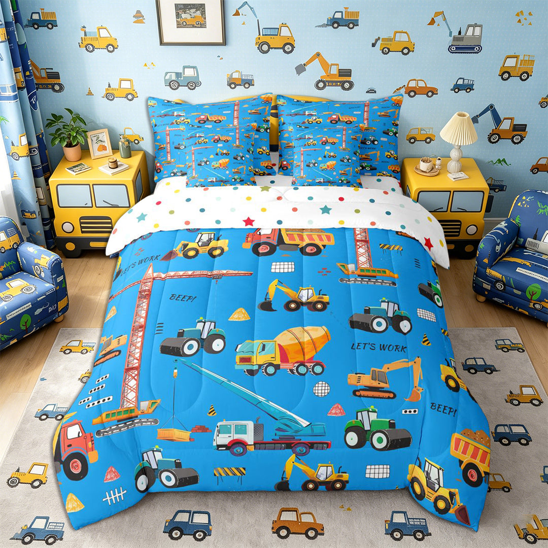 Meiyoeat Cute Car Full Size Bedding Sets 7 Pieces, Construction Vehicles Full Size Bed in a Bag, Blue Multi