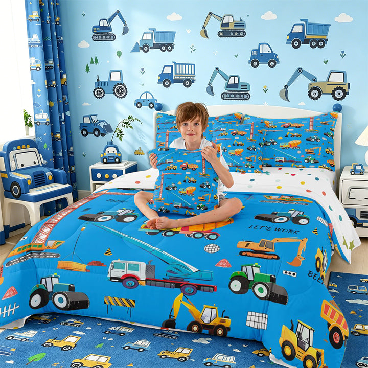 Meiyoeat Cute Car Full Size Bedding Sets 7 Pieces, Construction Vehicles Full Size Bed in a Bag, Blue Multi