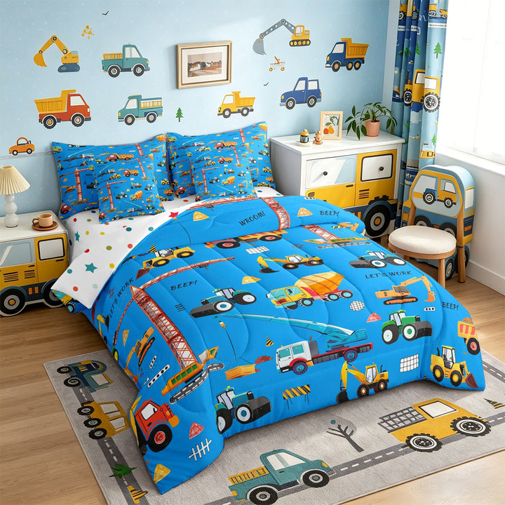 Meiyoeat Cute Car Full Size Bedding Sets 7 Pieces, Construction Vehicles Full Size Bed in a Bag, Blue Multi