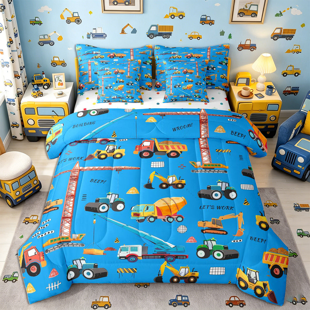 Meiyoeat Cute Car Full Size Bedding Sets 7 Pieces, Construction Vehicles Full Size Bed in a Bag, Blue Multi