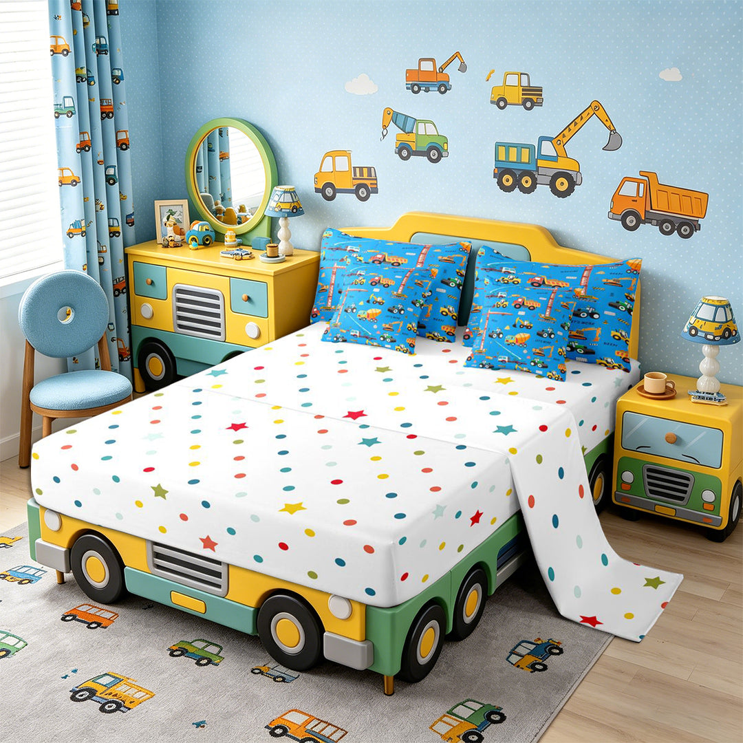 Meiyoeat Cute Car Full Size Bedding Sets 7 Pieces, Construction Vehicles Full Size Bed in a Bag, Blue Multi