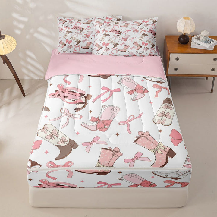 meiyoeat Pink Ribbon Bows Zipper Full Size Comforter Sets with Fitted Sheet and 2 Pillowcases For Girls,Fashion Western Cowgirl Boots Zipper Bedding Set For Kids,Pink Reversible,4 Pieces