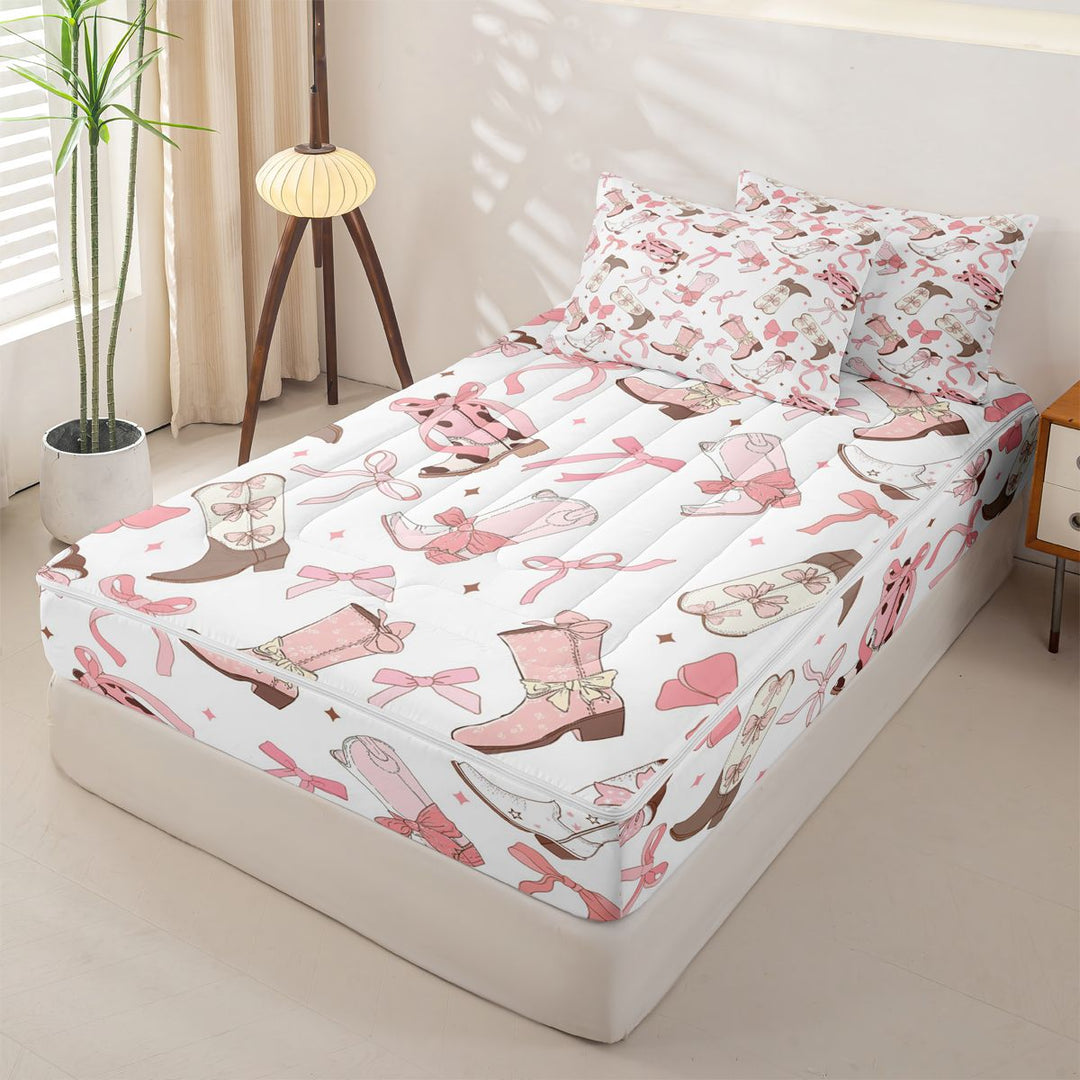 meiyoeat Pink Ribbon Bows Zipper Full Size Comforter Sets with Fitted Sheet and 2 Pillowcases For Girls,Fashion Western Cowgirl Boots Zipper Bedding Set For Kids,Pink Reversible,4 Pieces